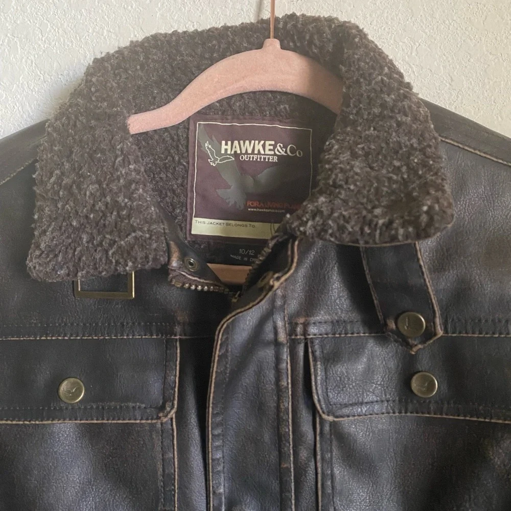 Hawke & Co Boys Brown Faux Leather Sherpa Collar Bomber Biker Moto Jacket 10/12